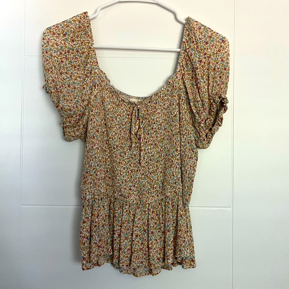 Hem & Thread Brown Tan Flutter Sleeve Blouse with Smocked Tie Front
